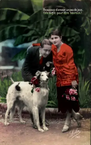 Ak Liebespaar mit Hund, Porträt, coloriert