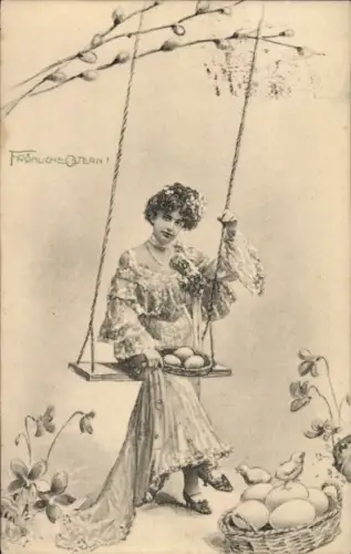 Ak Glückwunsch Ostern, Frau beim Schaukeln