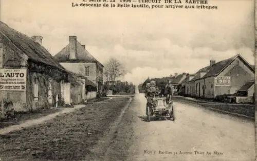 Ak Circuit de la Sarthe, La descente de la Belle inutile, Fahrer im Rennwagen auf der Strecke