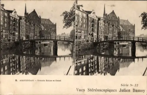 Stereo Ak Amsterdam Nordholland Niederlande, Große Kirche, Kanal