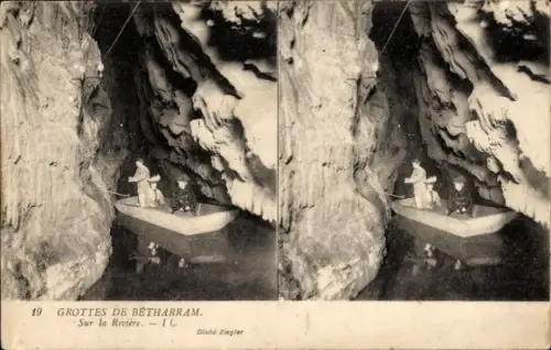Stereo CPA Bétharram Pyrénées-Atlantiques, Grottes de Bétharram
