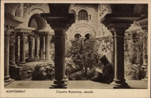 Ak Montserrat Katalonien, Klosterhof, Säulen, Pflanzen, Mönch, Detailaufnahme