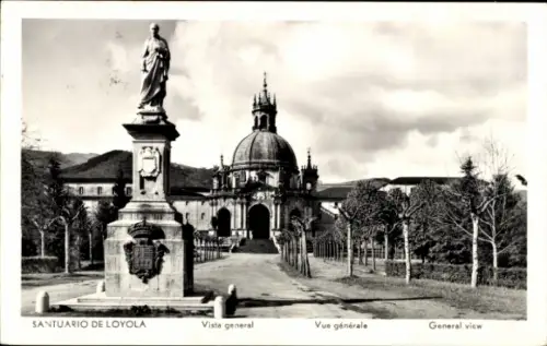 Ak Loyola Baskenland Spanien, Santuario de  Statue, Kuppel, Bäume, allgemeine Ansicht