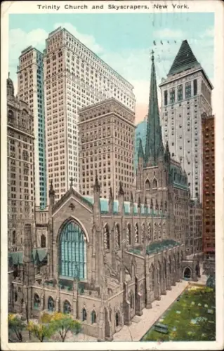 Ak New York City USA, Trinity Church, Wolkenkratzer,  , 1923