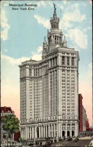Ak New York City USA, Municipal Building,  34 Stockwerke, Statue auf dem Dach