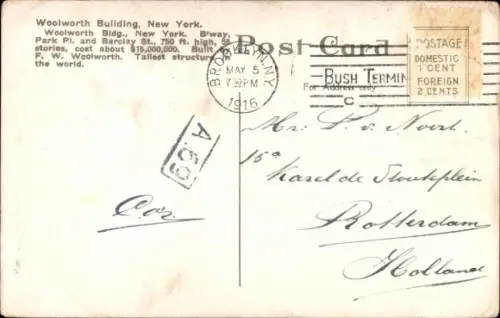 Ak New York City USA, Woolworth Building,  Hochhaus, 1916