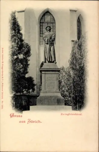 Ak Zürich Stadt Schweiz, Zwinglidenkmal, Statue von Zwingli, Bäume im Vordergrund