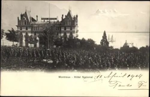 Ak Montreux Kanton Waadt Schweiz, Hôtel National,  Weinreben, See, Berge