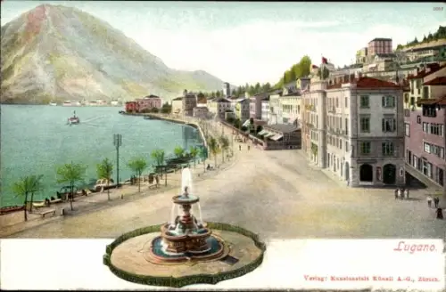 Ak Lugano Kanton Tessin Schweiz, Landschaft von  See, Berge, Promenade, Brunnen