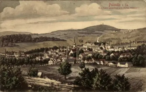 Ak Pulsnitz Sachsen, Pulsnitz i. Sa., Landschaft, Stadtansicht, Naturzeichnung, H. Ficker