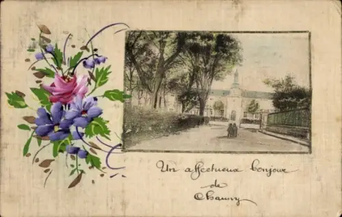 Passepartout Ak Chauny Aisne, Teilansicht, Blumen