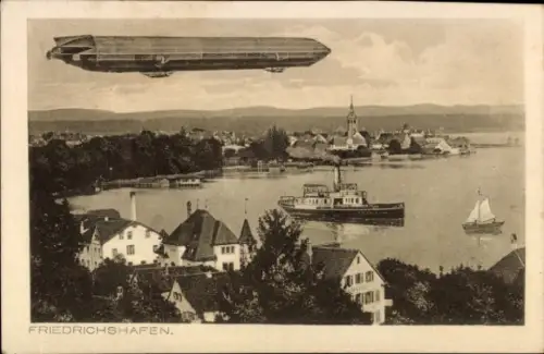 Ak Friedrichshafen am Bodensee, Panorama, Zeppelin, Dampfer