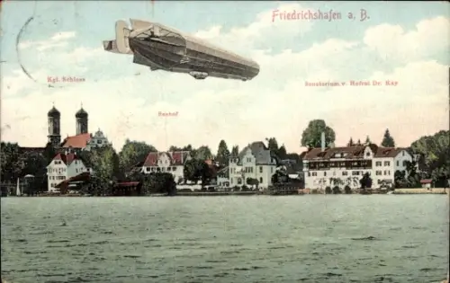 Ak Friedrichshafen am Bodensee, Schloss, Seehof, Sanatorium Hofrat Dr. May, Zeppelin-Luftschiff