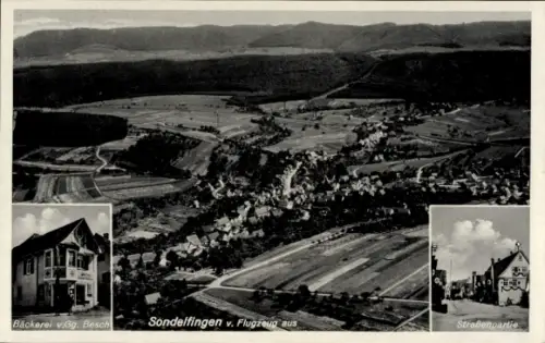 Ak Sondelfingen Reutlingen in Württemberg, Luftaufnahme von  Bäckerei v. Gg. Besch, Straßenpartie