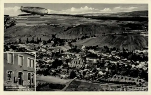 Ak Wiltingen an der Saar, Luftbild von  Zeppelin, Geschäft Jos. Kies-Salm