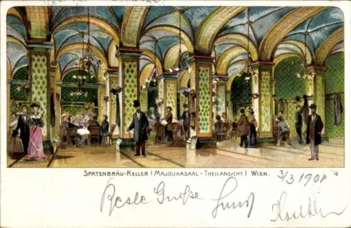 Litho Wien 1. Innere Stadt Österreich, Spatenbräu Keller, Majolikasaal, Innenansicht