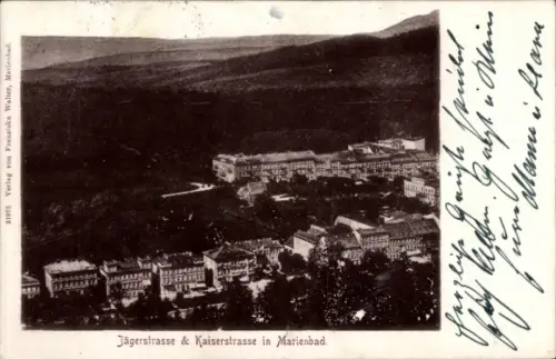 Ak Mariánské Lázně Marienbad Region Karlsbad, Jägerstraße, Kaiserstraße, Luftbild