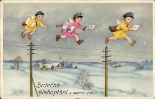 Ak Neujahr, Engel als Postboten, Telefonmasten, Winterlandschaft