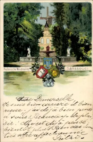 Litho Potsdam, Historische Windmühle, Sanssouci, drei Wappen
