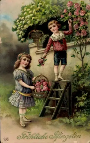 Präge Ak Glückwunsch Pfingsten, Kinder, Rosen