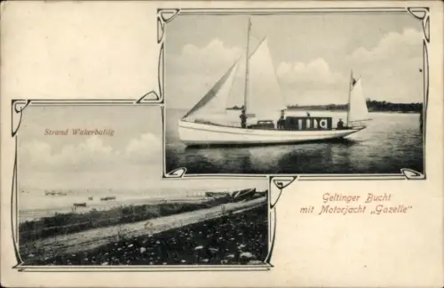 Ak Wackerballig Gelting in Angeln, Motorjacht Gazelle auf der Geltinger Bucht