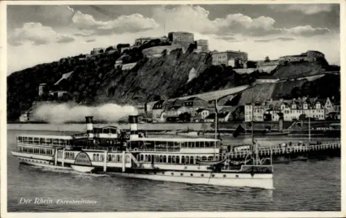 Ak Dampfschiff auf dem Rhein, Schiffbrücke, Festung Ehrenbreitstein