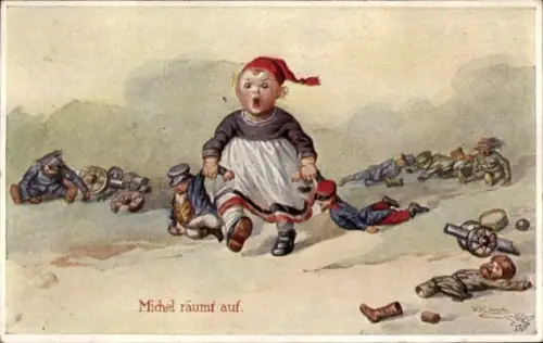 Künstler Ak Fialkowska, W., Michel räumt auf, Kind mit Spielzeugsoldaten, Patriotik I. WK