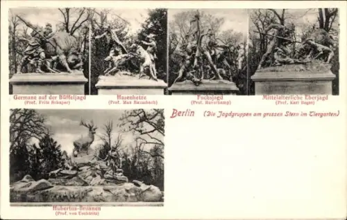 Ak Berlin Tiergarten, Jagdgruppen am großen Stern, Hubertus-Brunnen, Fuchsjagd