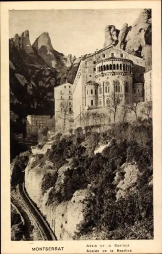 Ak Montserrat Katalonien,  Abside de la Basilica, Klosteranlage, Berglandschaft