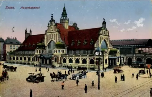 Ak Essen im Ruhrgebiet, Essen Hauptbahnhof, historische Architektur, Fahrzeuge, Menschen
