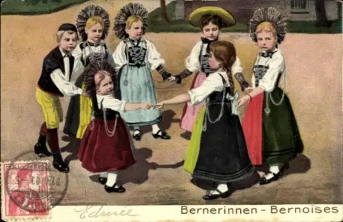 Präge Ak Kanton Bern, Kinder tanzen im Kreis, Volkstrachten