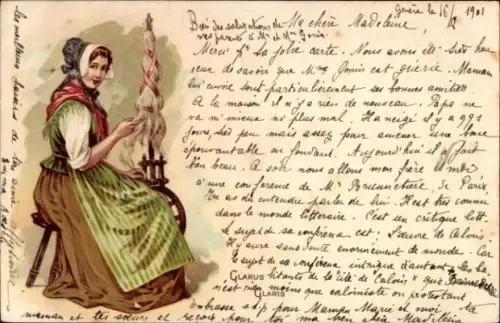 Litho Kanton Glarus, Glaris, Frau in Tracht, Spinnrad