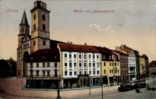 Ak Zittau in Sachsen,  Markt, Johanniskirche,  , farbig