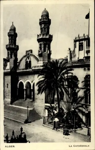 Ak Algier Alger Algerien, Kathedrale, Palmen, Menschen, Algerien, Schwarz-Weiß-Foto