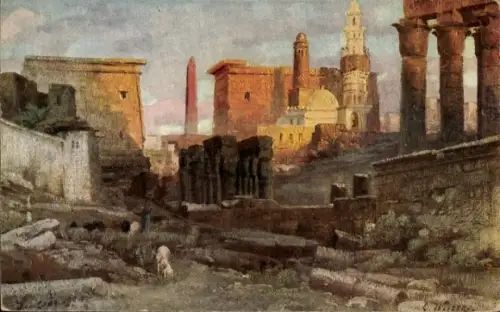 Ak Luxor Ägypten, Landschaft mit Tempeln, Obelisk, Ruinen, Menschen, Hund