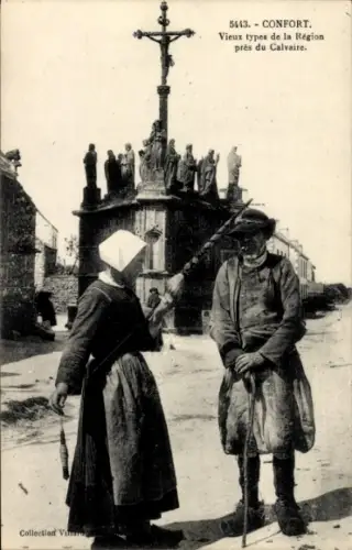 Ak Confort Finistere, Vieux Types de la Region pres du Calvaire