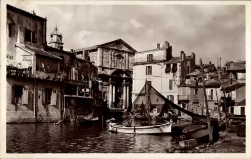 Ak Martigues Bouches du Rhône, Häuser, Kanal, Boote, Brücke, Kathedrale, Martigues
