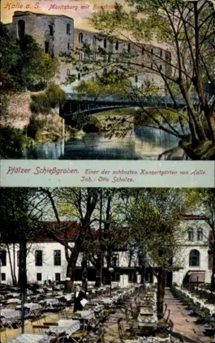 Ak Halle an der Saale, Moritzburg, Burgbrücke, Pfälzer Schießgraben, Konzertgarten