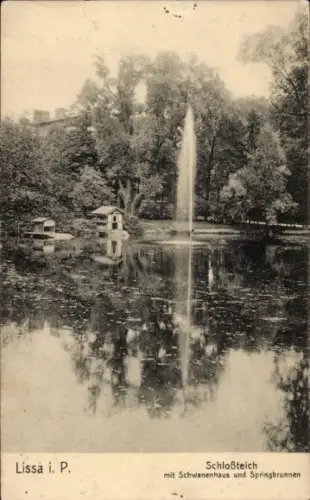 Ak Lissa Leszno Poznań Posen, Schlossteich, Schwanenhaus und Springbrunnen