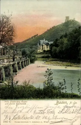 Ak Baden in Niederösterreich, Villa Erzherzog Eugen und Ruine Rauheneck