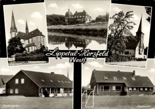 Ak Herzfeld Lippetal in Westfalen, Kirche, Kindergarten, Jugendheim, Schloss