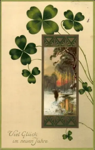 Ak Neujahr, Winterlandschaft, Kleeblätter