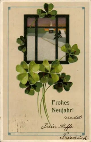 Präge Ak Neujahr, Kleeblätter, Fenster, Winterlandschaft