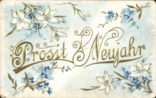 Präge Ak Neujahr, Blumenornamente