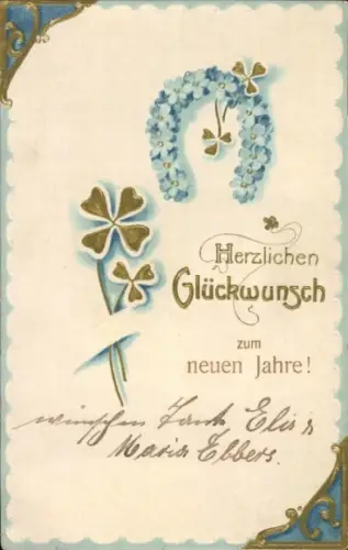Präge Ak Neujahr, Hufeisen aus Vergissmeinnicht, Kleeblätter