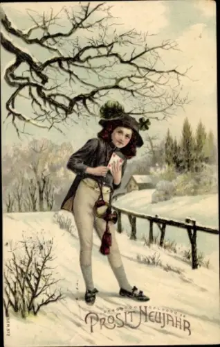 Ak Neujahr, Junge mit Brief und Posthorn im Schnee
