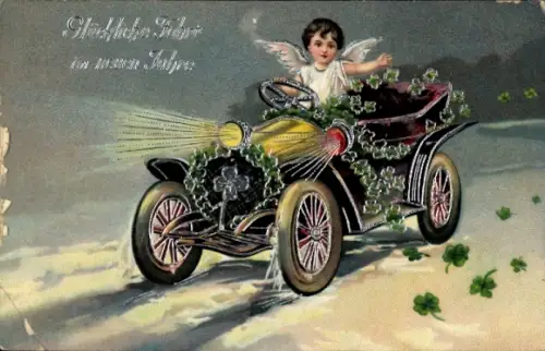 Präge Ak Neujahr, Engel in einem Automobil, Kleeblätter
