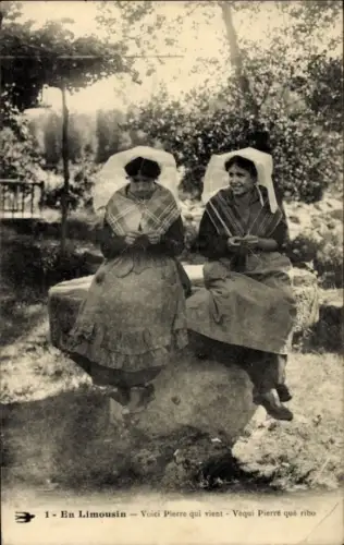 Ak Limousin, Zwei Frauen beim Stricken, Volkstracht
