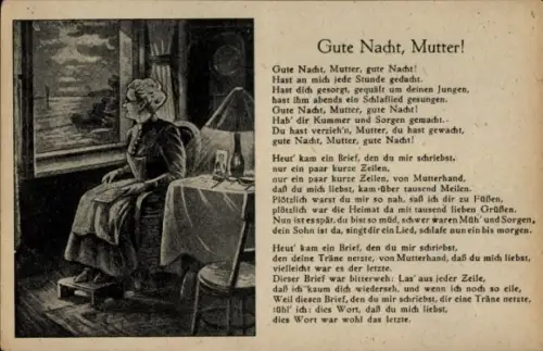 Ak Gedicht Gute Nacht, Mutter, Frau am Fenster