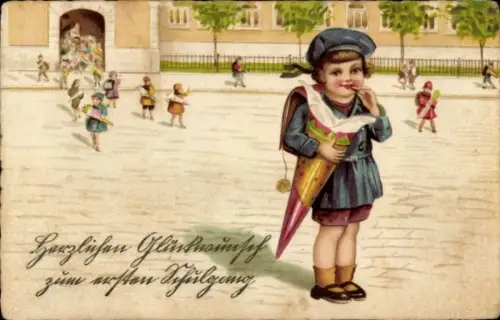 Ak Glückwunsch Einschulung, Kind mit Zuckertüte